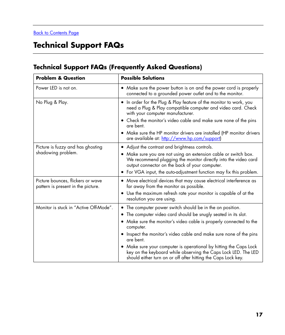 Technical support faqs | HP w22 20 inch LCD Monitor User Manual | Page 17 / 32