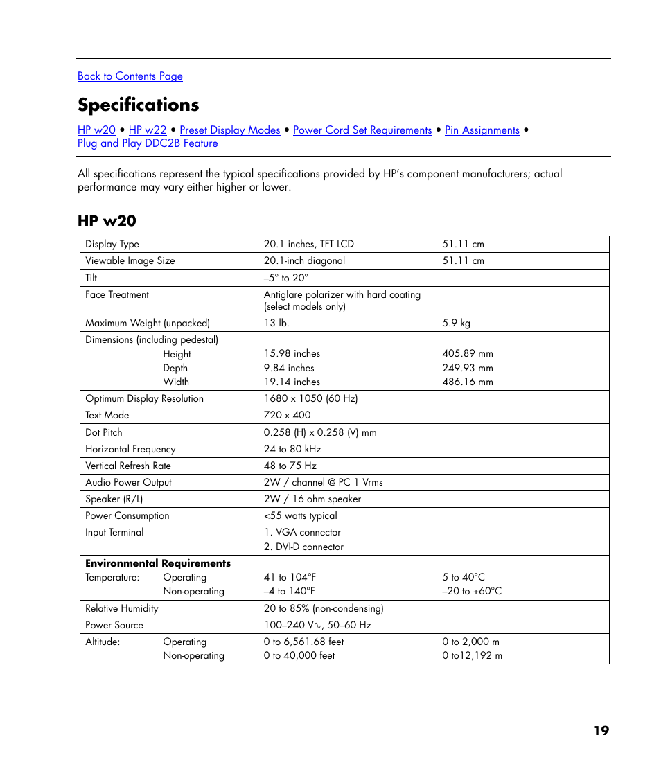 Specifications, Hp w20 | HP w22 20 inch LCD Monitor User Manual | Page 19 / 32