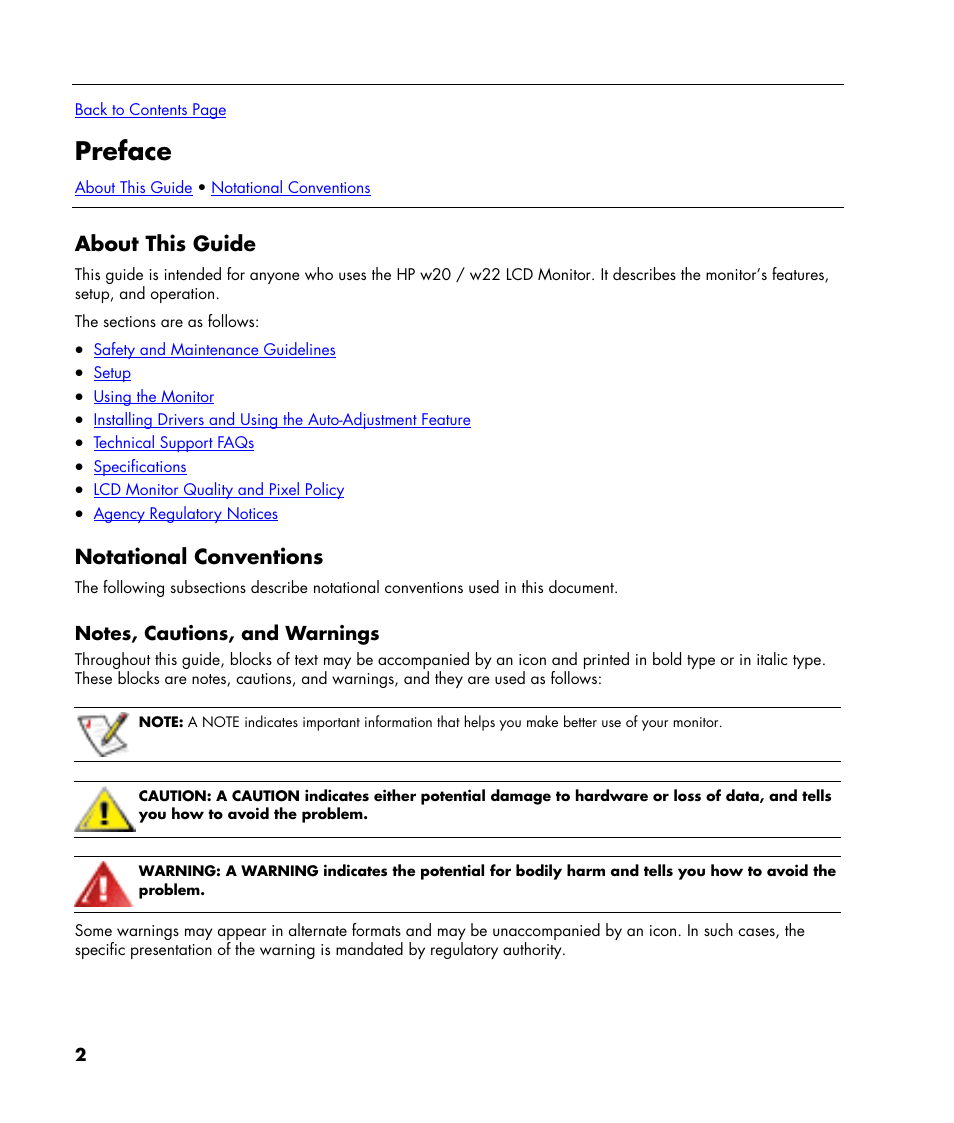 Preface, About this guide, Notational conventions | Notes, cautions, and warnings | HP w22 20 inch LCD Monitor User Manual | Page 2 / 32