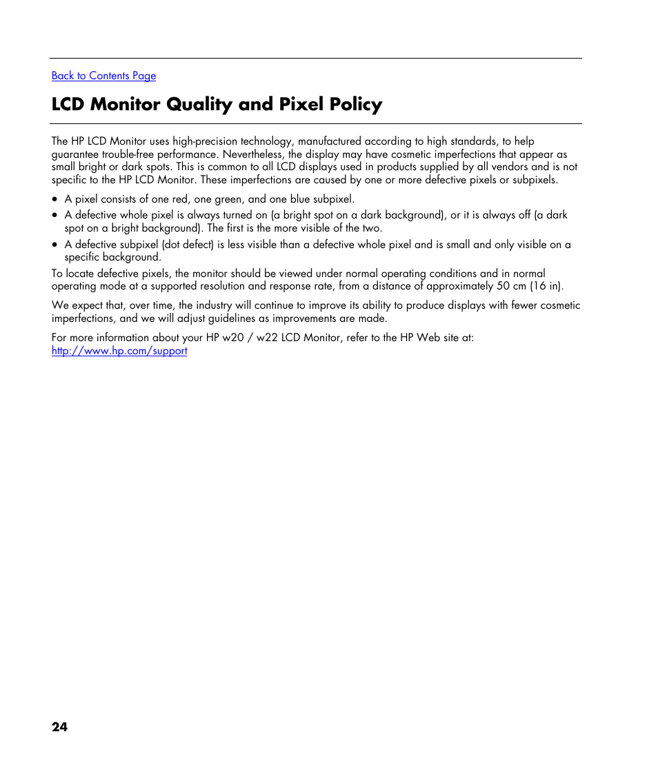 Lcd monitor quality and pixel policy | HP w22 20 inch LCD Monitor User Manual | Page 24 / 32