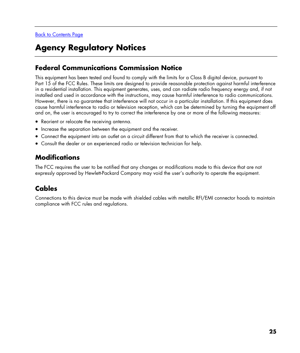 Agency regulatory notices, Federal communications commission notice, Modifications | Cables | HP w22 20 inch LCD Monitor User Manual | Page 25 / 32