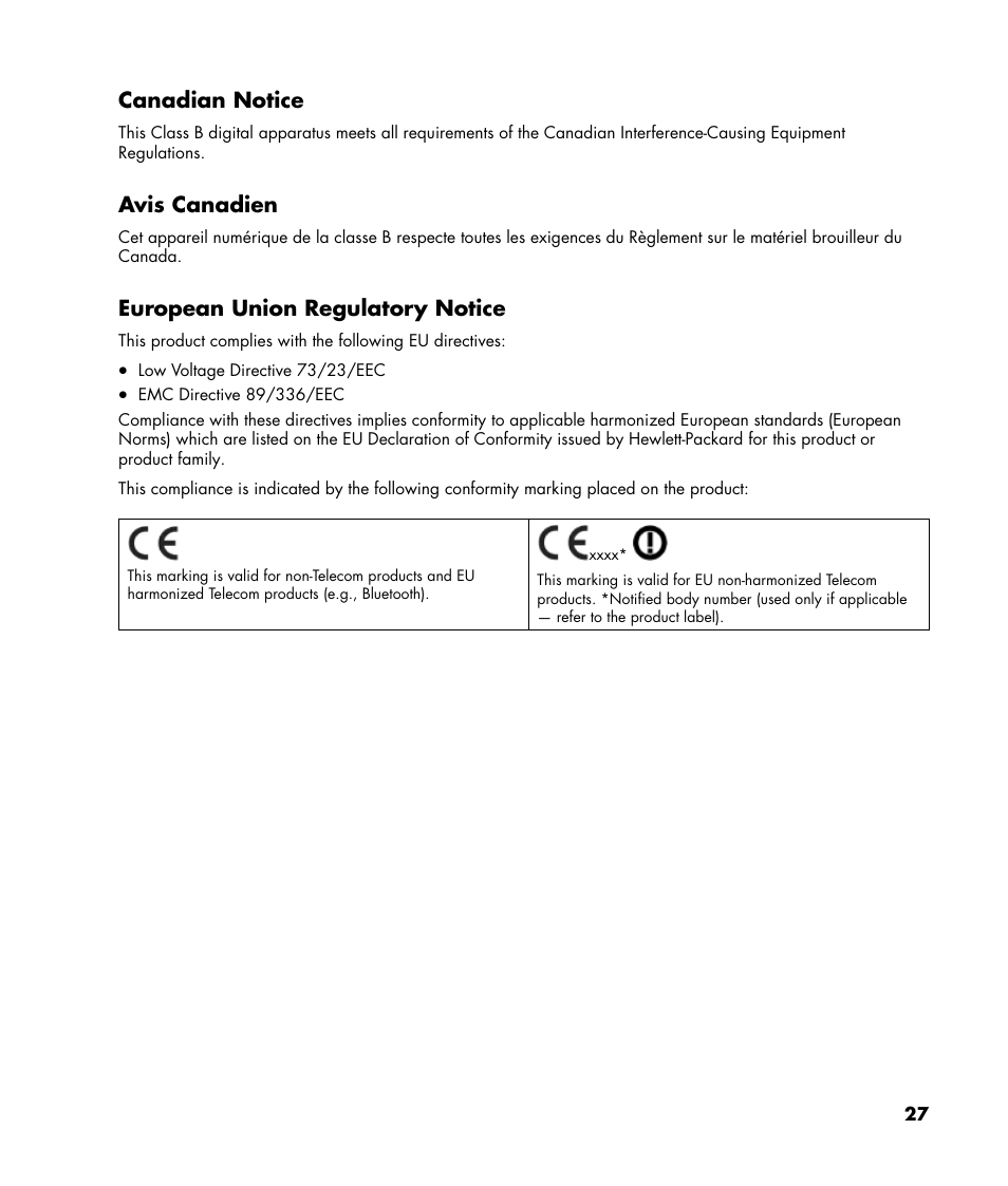 Canadian notice, Avis canadien, European union regulatory notice | HP w22 20 inch LCD Monitor User Manual | Page 27 / 32