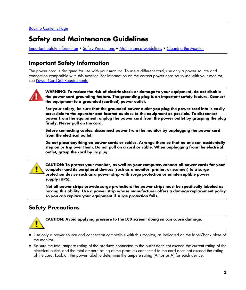Safety and maintenance guidelines, Important safety information, Safety precautions | HP w22 20 inch LCD Monitor User Manual | Page 3 / 32