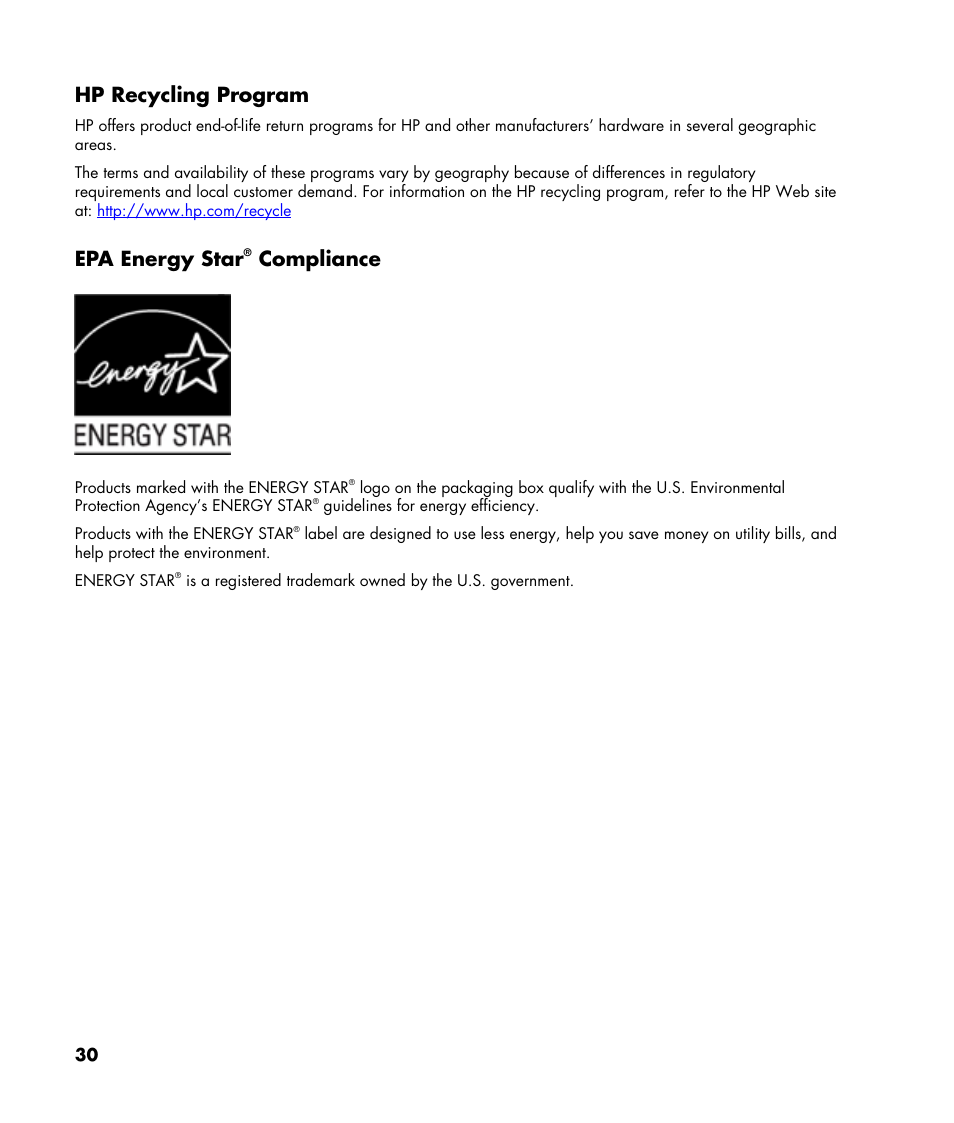Hp recycling program, Epa energy star® compliance, Epa energy star | Compliance | HP w22 20 inch LCD Monitor User Manual | Page 30 / 32