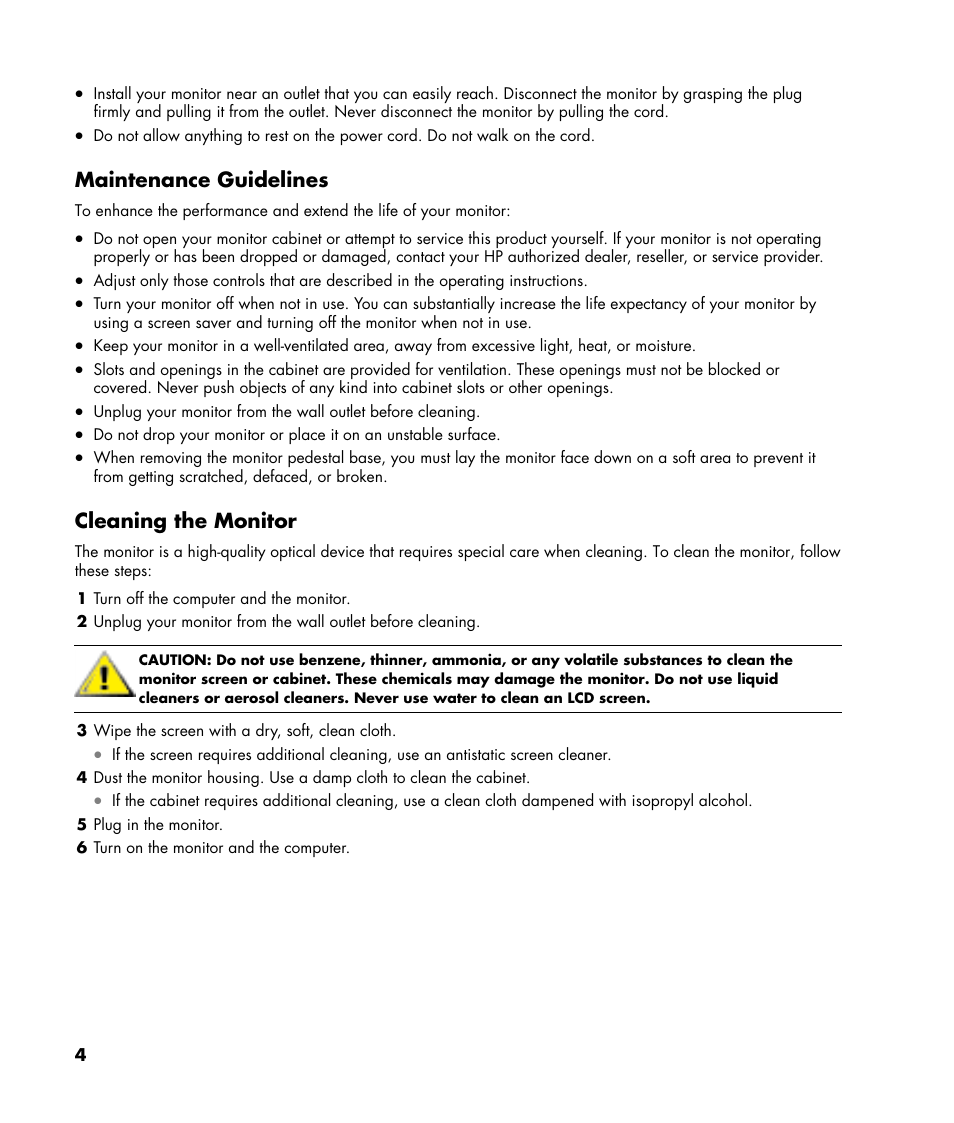 Maintenance guidelines, Cleaning the monitor | HP w22 20 inch LCD Monitor User Manual | Page 4 / 32