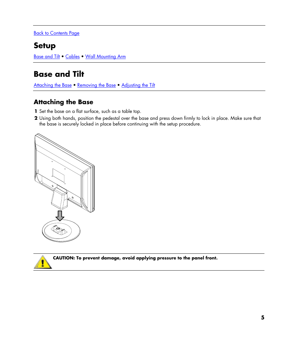 Setup, Base and tilt, Attaching the base | HP w22 20 inch LCD Monitor User Manual | Page 5 / 32