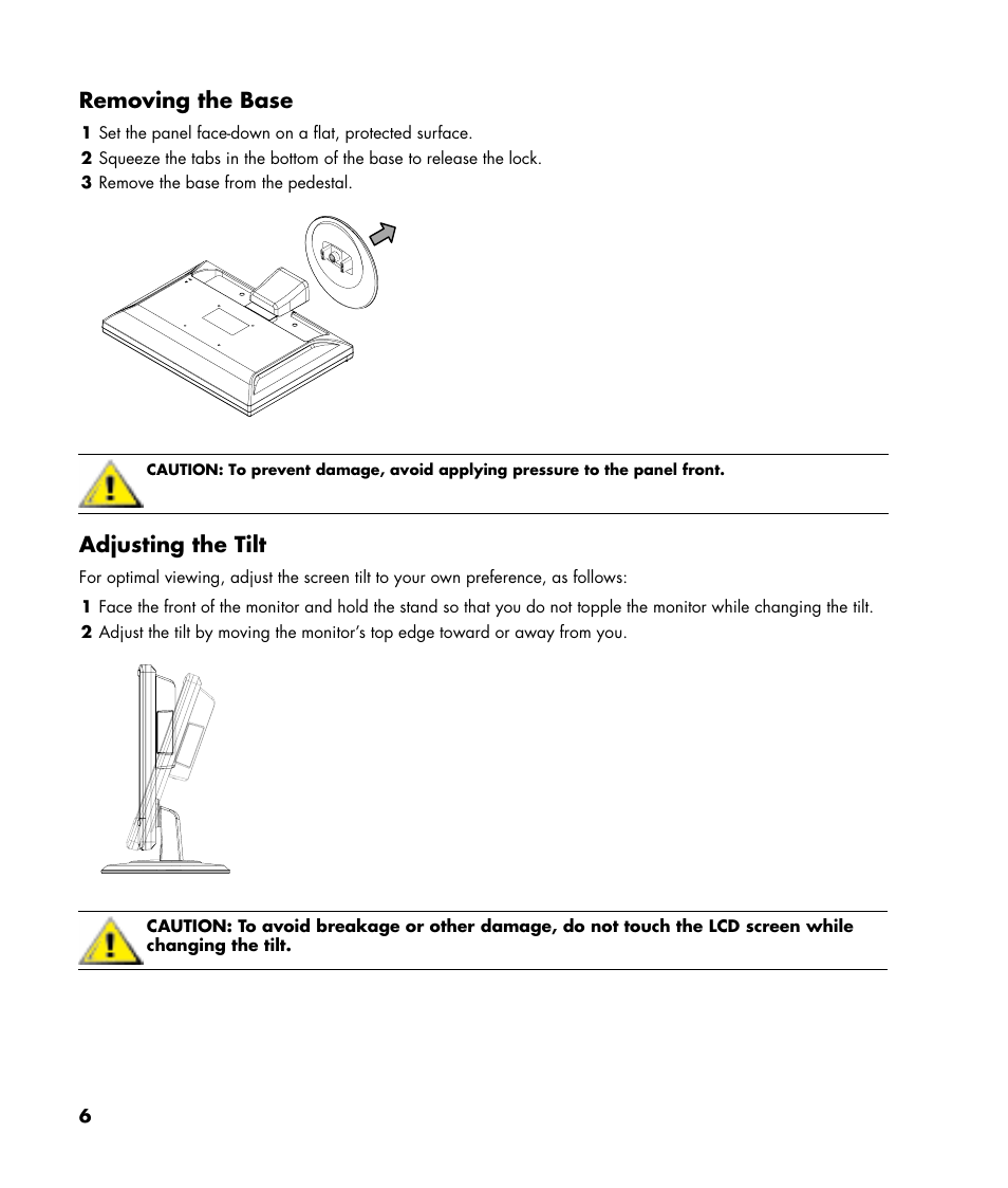 Removing the base, Adjusting the tilt | HP w22 20 inch LCD Monitor User Manual | Page 6 / 32