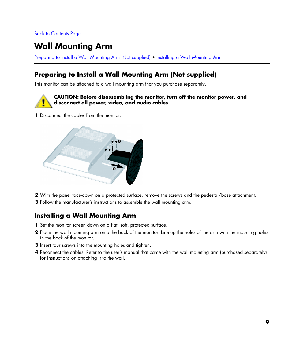 Wall mounting arm, Installing a wall mounting arm | HP w22 20 inch LCD Monitor User Manual | Page 9 / 32