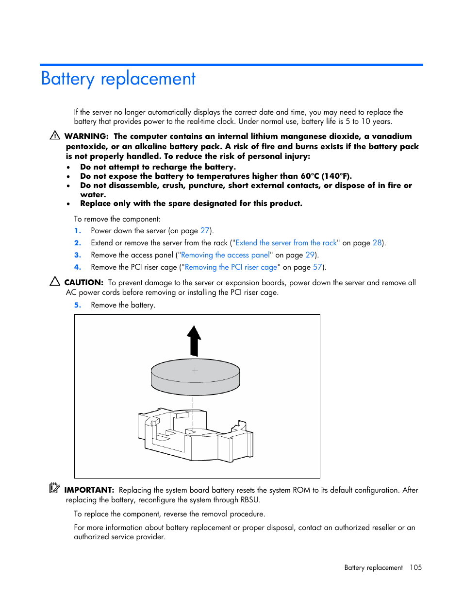 Battery replacement | HP ProLiant DL380 G4 Server User Manual | Page 105 / 122