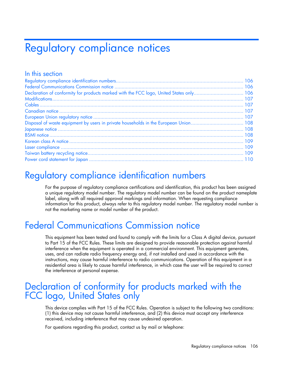 Regulatory compliance notices, Regulatory compliance identification numbers, Federal communications commission notice | HP ProLiant DL380 G4 Server User Manual | Page 106 / 122