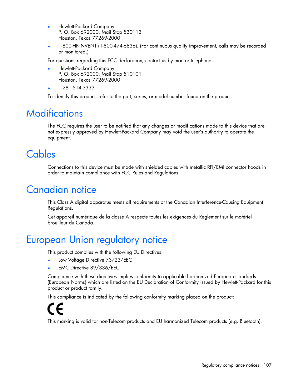 Modifications, Cables, Canadian notice | European union regulatory notice, 107 cables, 107 canadian notice, 107 european union regulatory notice | HP ProLiant DL380 G4 Server User Manual | Page 107 / 122