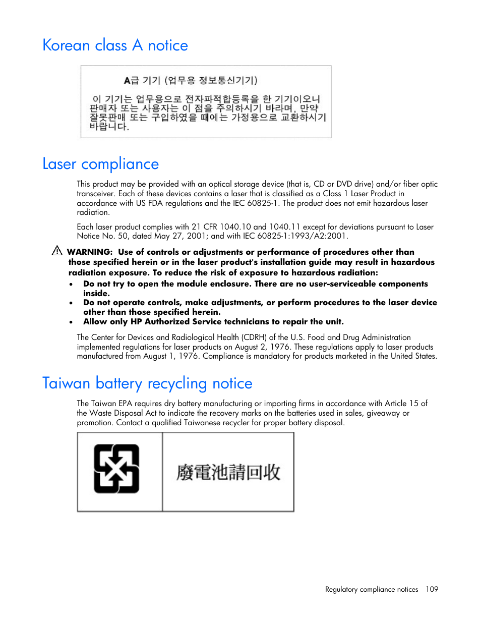 Korean class a notice, Laser compliance, Taiwan battery recycling notice | 109 laser compliance, 109 taiwan battery recycling notice | HP ProLiant DL380 G4 Server User Manual | Page 109 / 122