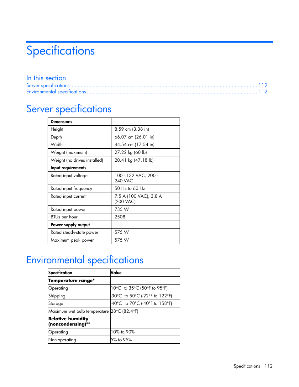 Specifications, Server specifications, Environmental specifications | HP ProLiant DL380 G4 Server User Manual | Page 112 / 122