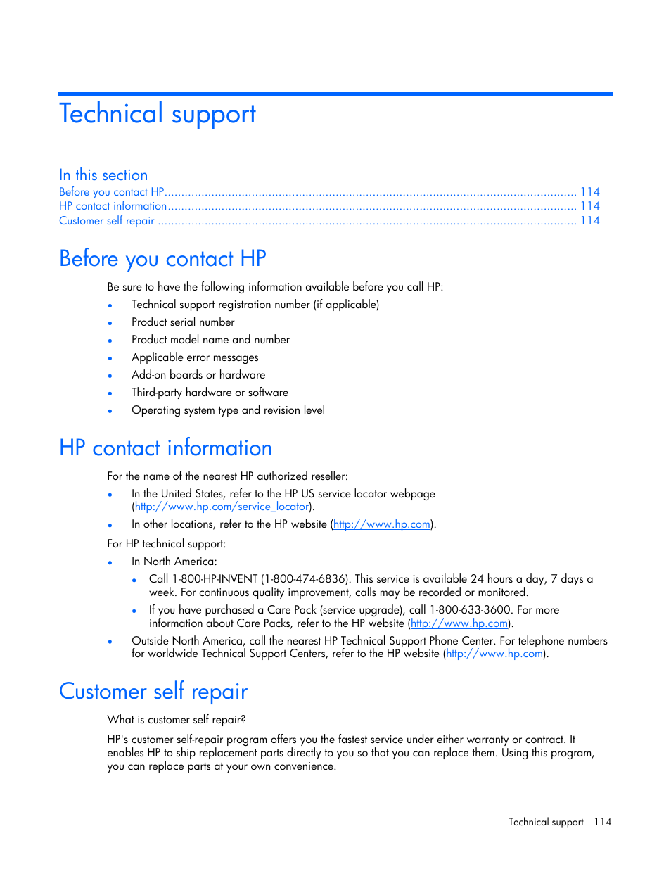 Technical support, Before you contact hp, Hp contact information | Customer self repair | HP ProLiant DL380 G4 Server User Manual | Page 114 / 122