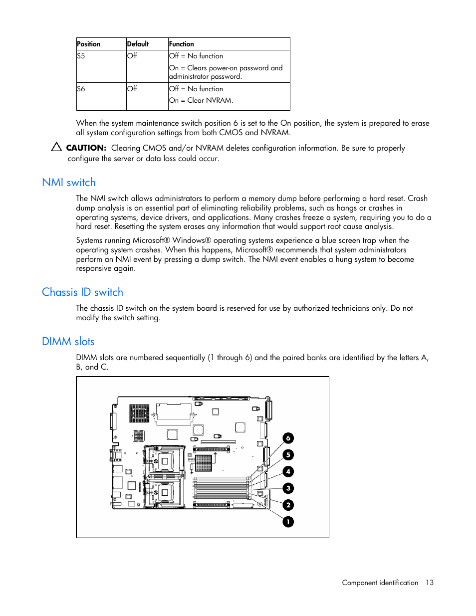 Nmi switch, Chassis id switch, Dimm slots | HP ProLiant DL380 G4 Server User Manual | Page 13 / 122