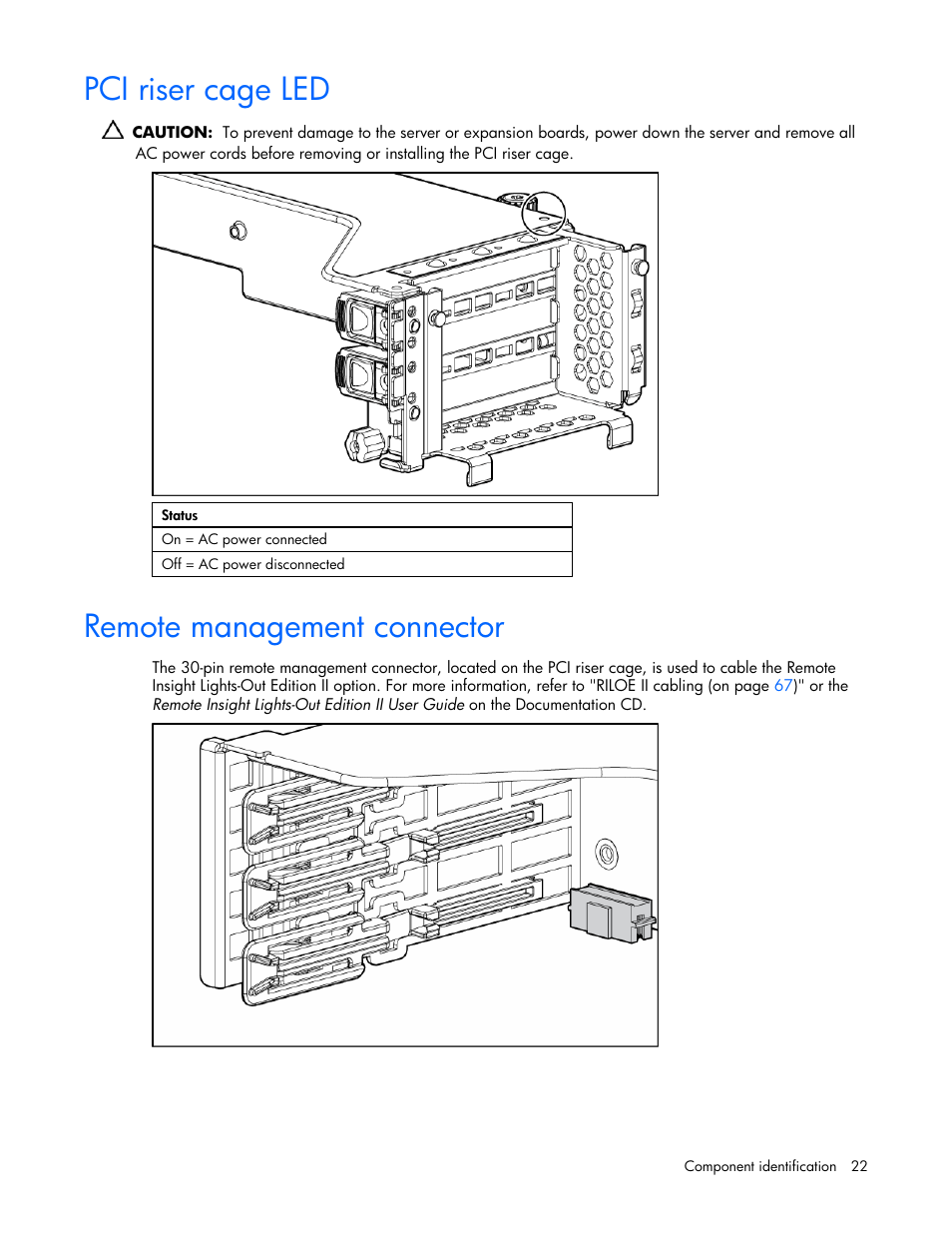 Pci riser cage led, Remote management connector, 22 remote management connector | HP ProLiant DL380 G4 Server User Manual | Page 22 / 122