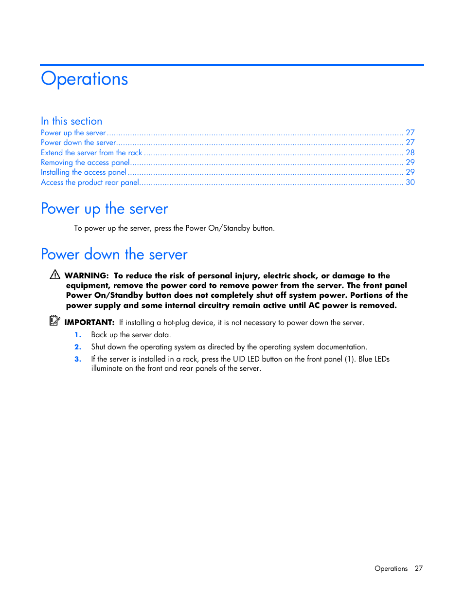 Operations, Power up the server, Power down the server | HP ProLiant DL380 G4 Server User Manual | Page 27 / 122