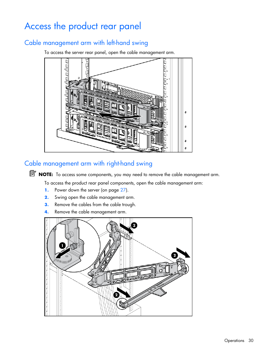 Access the product rear panel, Cable management arm with left-hand swing, Cable management arm with right-hand swing | HP ProLiant DL380 G4 Server User Manual | Page 30 / 122
