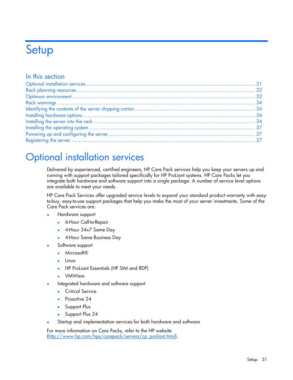 Setup, Optional installation services | HP ProLiant DL380 G4 Server User Manual | Page 31 / 122