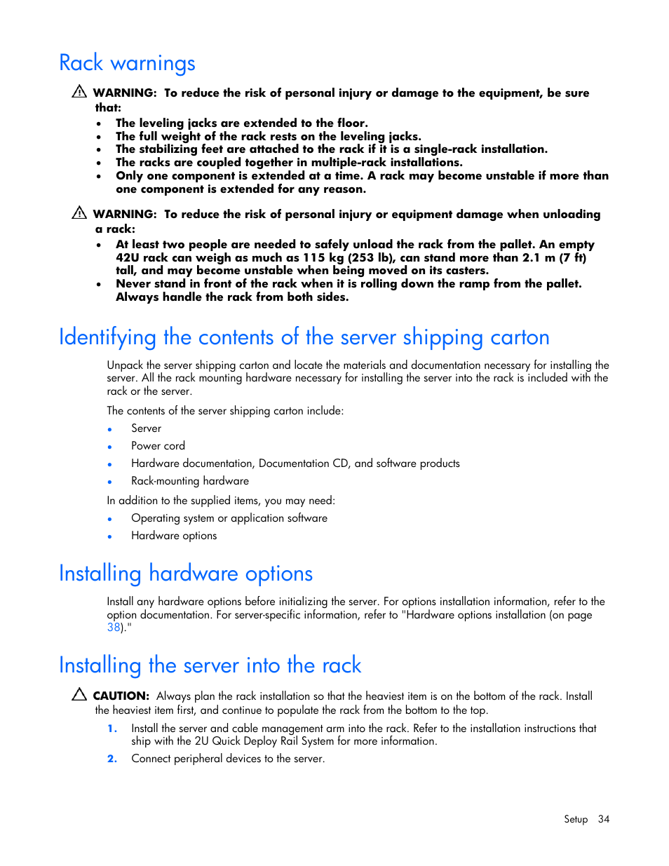 Rack warnings, Installing hardware options, Installing the server into the rack | 34 installing hardware options, 34 installing the server into the rack | HP ProLiant DL380 G4 Server User Manual | Page 34 / 122