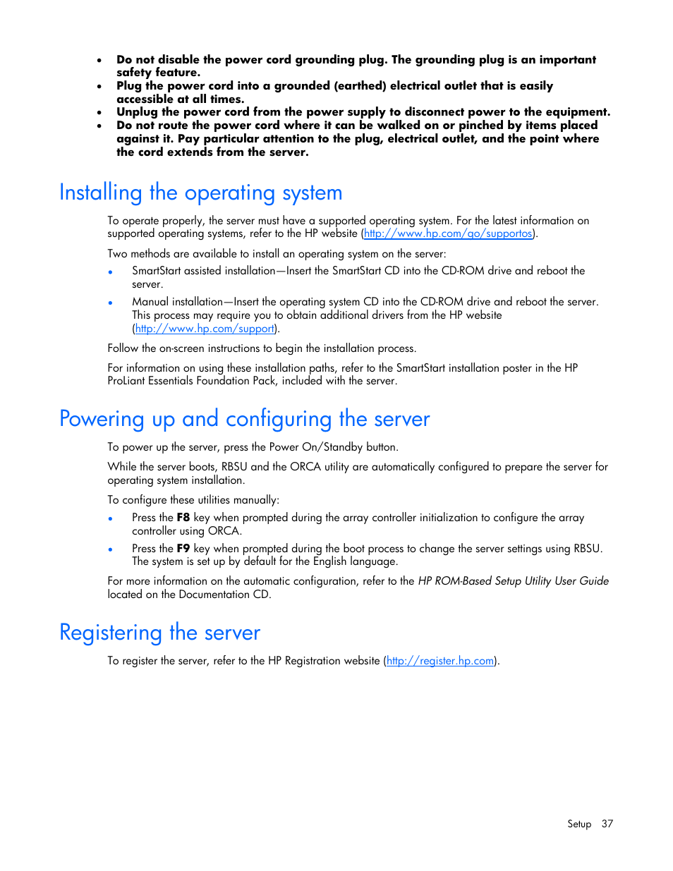Installing the operating system, Powering up and configuring the server, Registering the server | 37 powering up and configuring the server, 37 registering the server | HP ProLiant DL380 G4 Server User Manual | Page 37 / 122