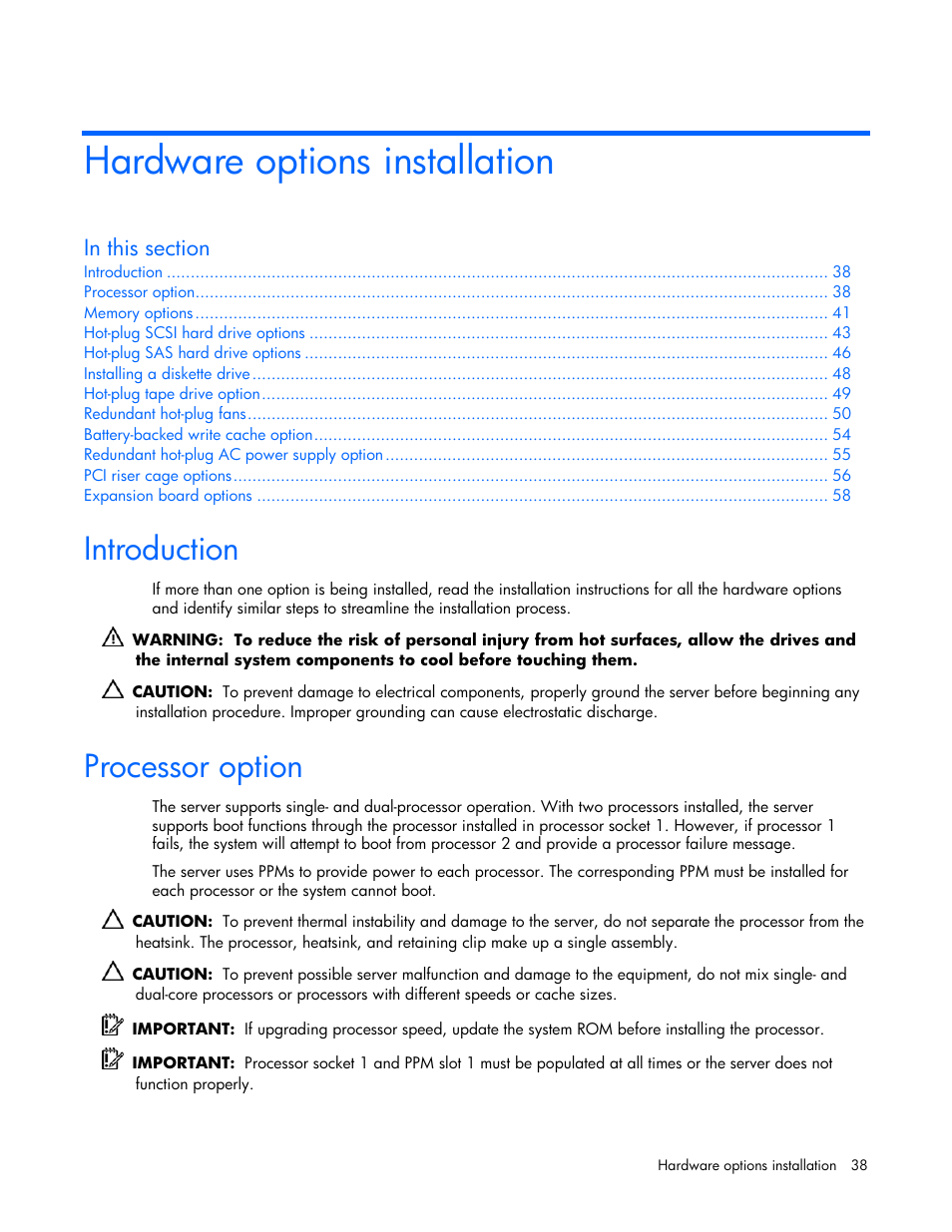 Hardware options installation, Introduction, Processor option | HP ProLiant DL380 G4 Server User Manual | Page 38 / 122