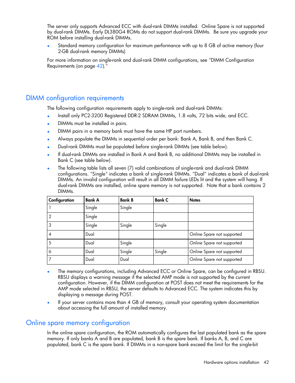 Dimm configuration requirements, Online spare memory configuration | HP ProLiant DL380 G4 Server User Manual | Page 42 / 122