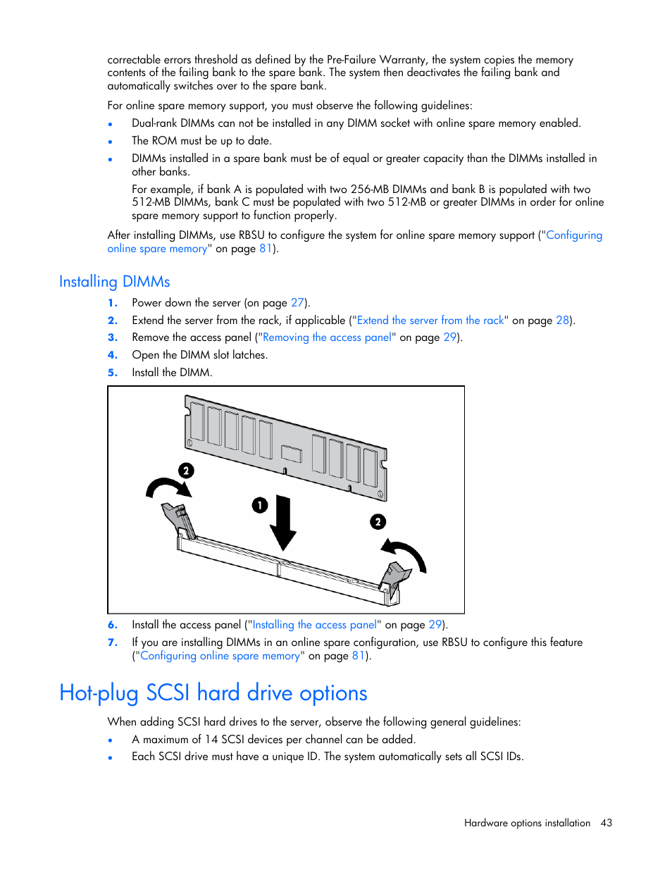 Installing dimms, Hot-plug scsi hard drive options | HP ProLiant DL380 G4 Server User Manual | Page 43 / 122