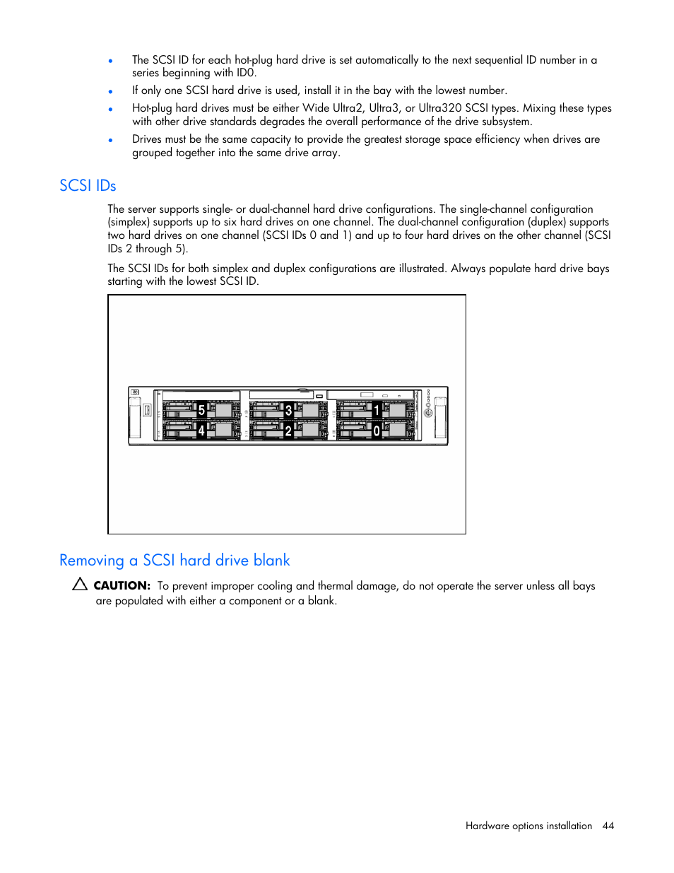 Scsi ids, Removing a scsi hard drive blank | HP ProLiant DL380 G4 Server User Manual | Page 44 / 122
