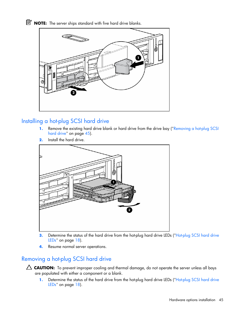 Installing a hot-plug scsi hard drive, Removing a hot-plug scsi hard drive | HP ProLiant DL380 G4 Server User Manual | Page 45 / 122