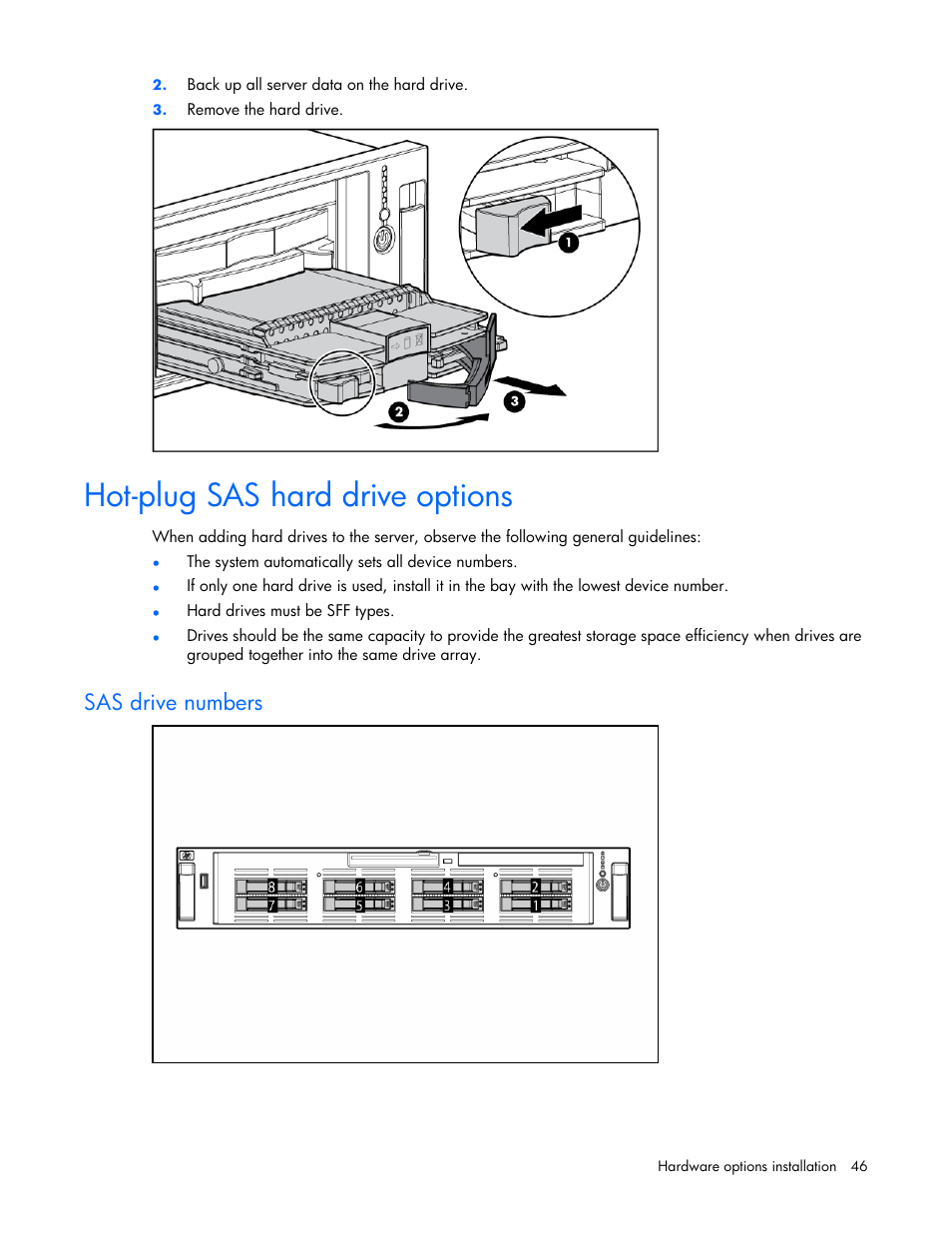 Hot-plug sas hard drive options, Sas drive numbers | HP ProLiant DL380 G4 Server User Manual | Page 46 / 122
