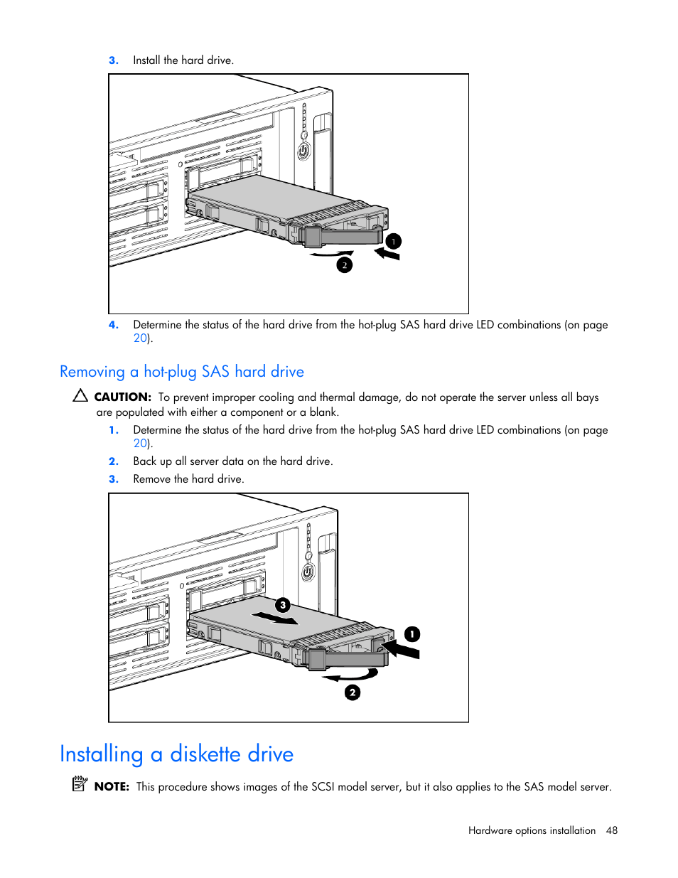 Removing a hot-plug sas hard drive, Installing a diskette drive | HP ProLiant DL380 G4 Server User Manual | Page 48 / 122