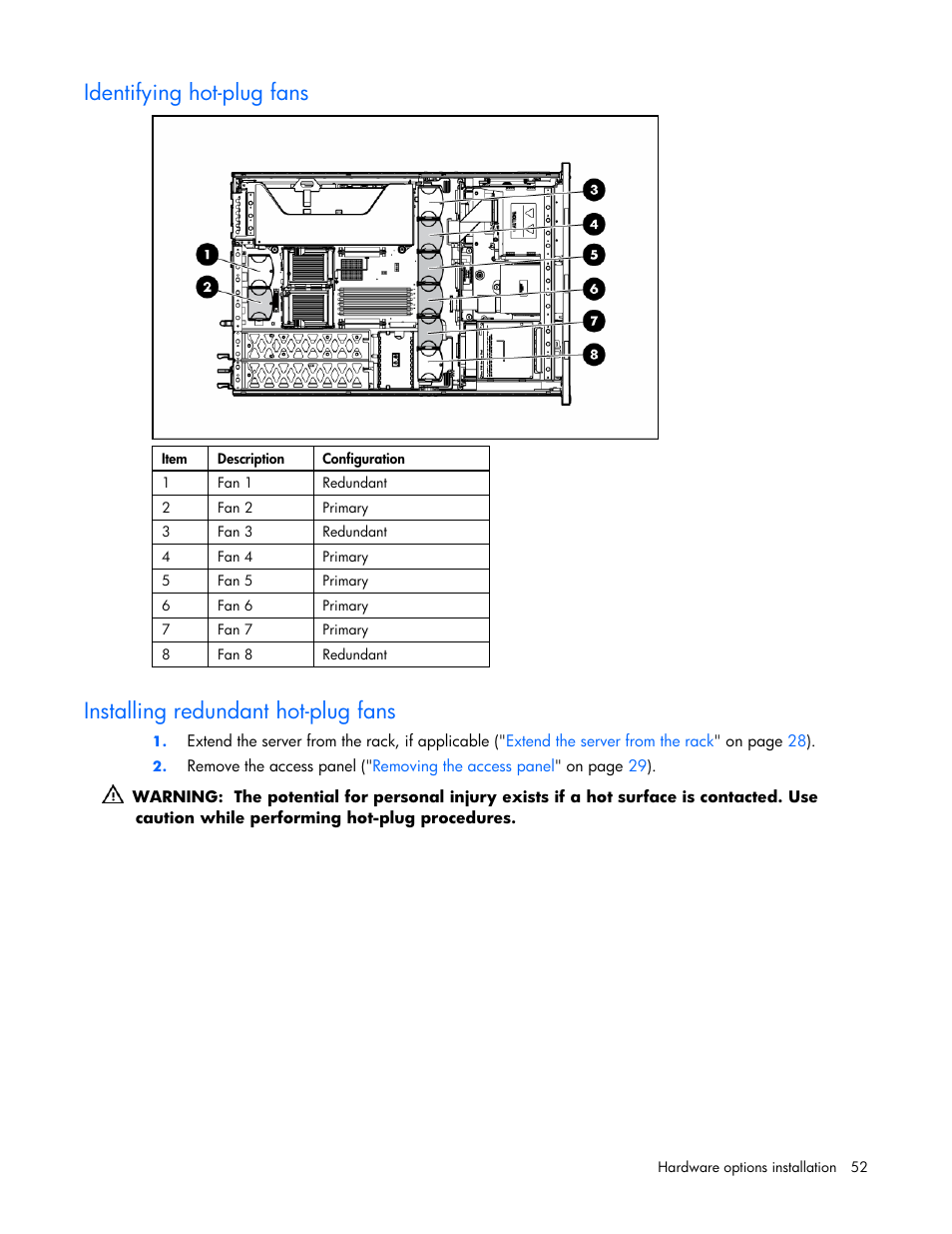 Identifying hot-plug fans, Installing redundant hot-plug fans | HP ProLiant DL380 G4 Server User Manual | Page 52 / 122