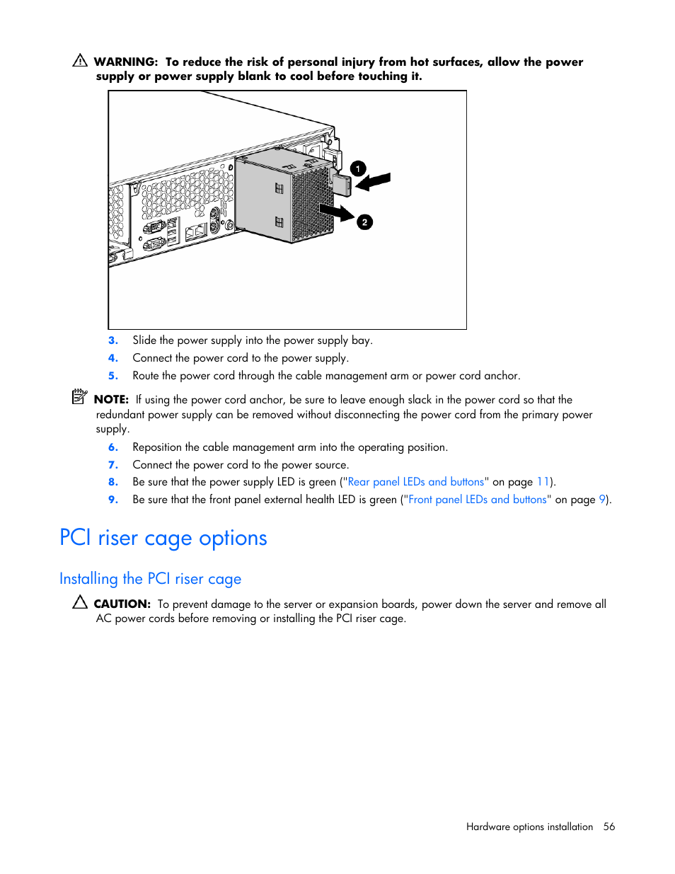 Pci riser cage options, Installing the pci riser cage | HP ProLiant DL380 G4 Server User Manual | Page 56 / 122