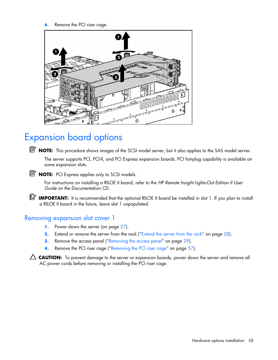 Expansion board options, Removing expansion slot cover 1 | HP ProLiant DL380 G4 Server User Manual | Page 58 / 122