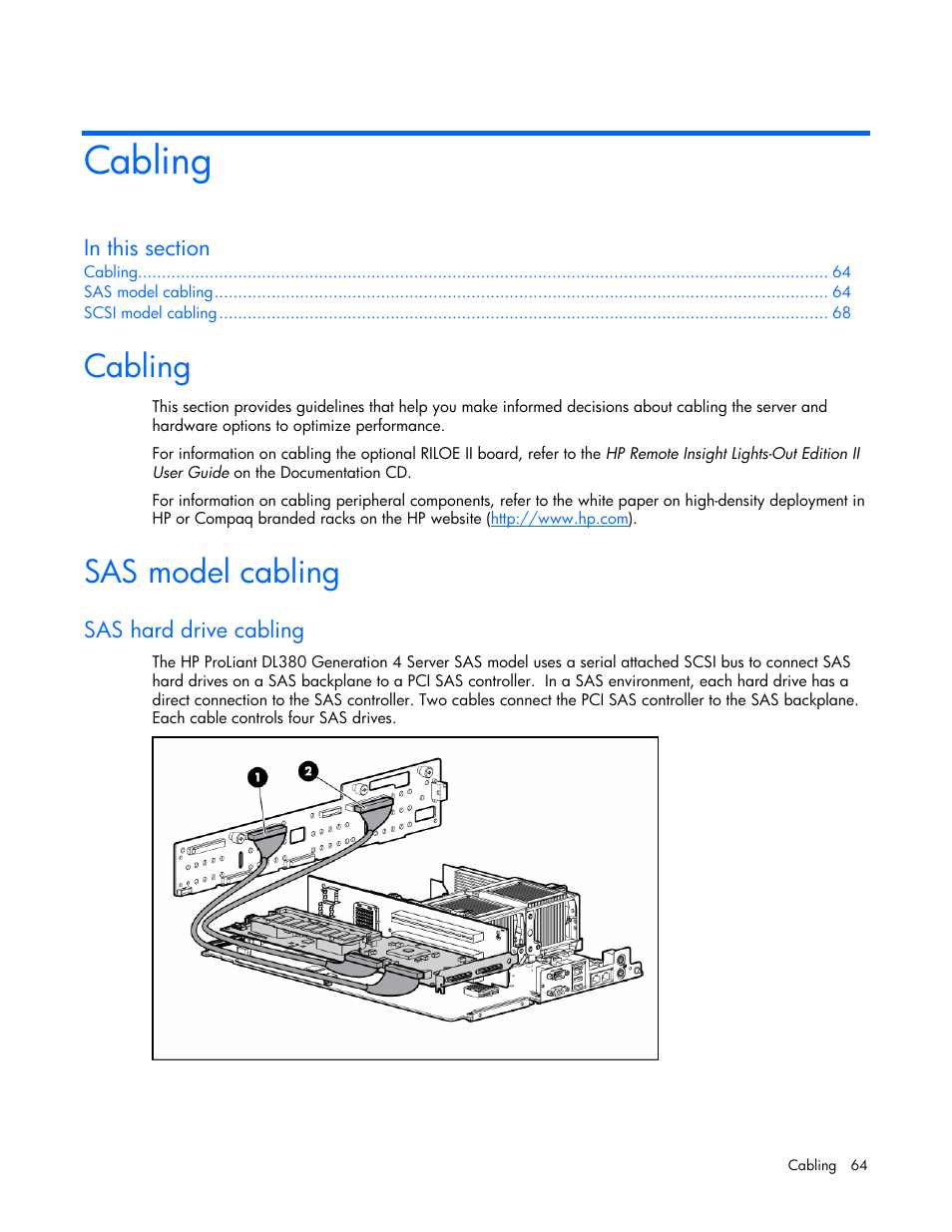 Cabling, Sas model cabling, Sas hard drive cabling | HP ProLiant DL380 G4 Server User Manual | Page 64 / 122