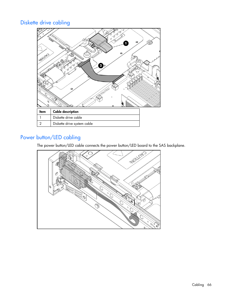 Diskette drive cabling, Power button/led cabling | HP ProLiant DL380 G4 Server User Manual | Page 66 / 122