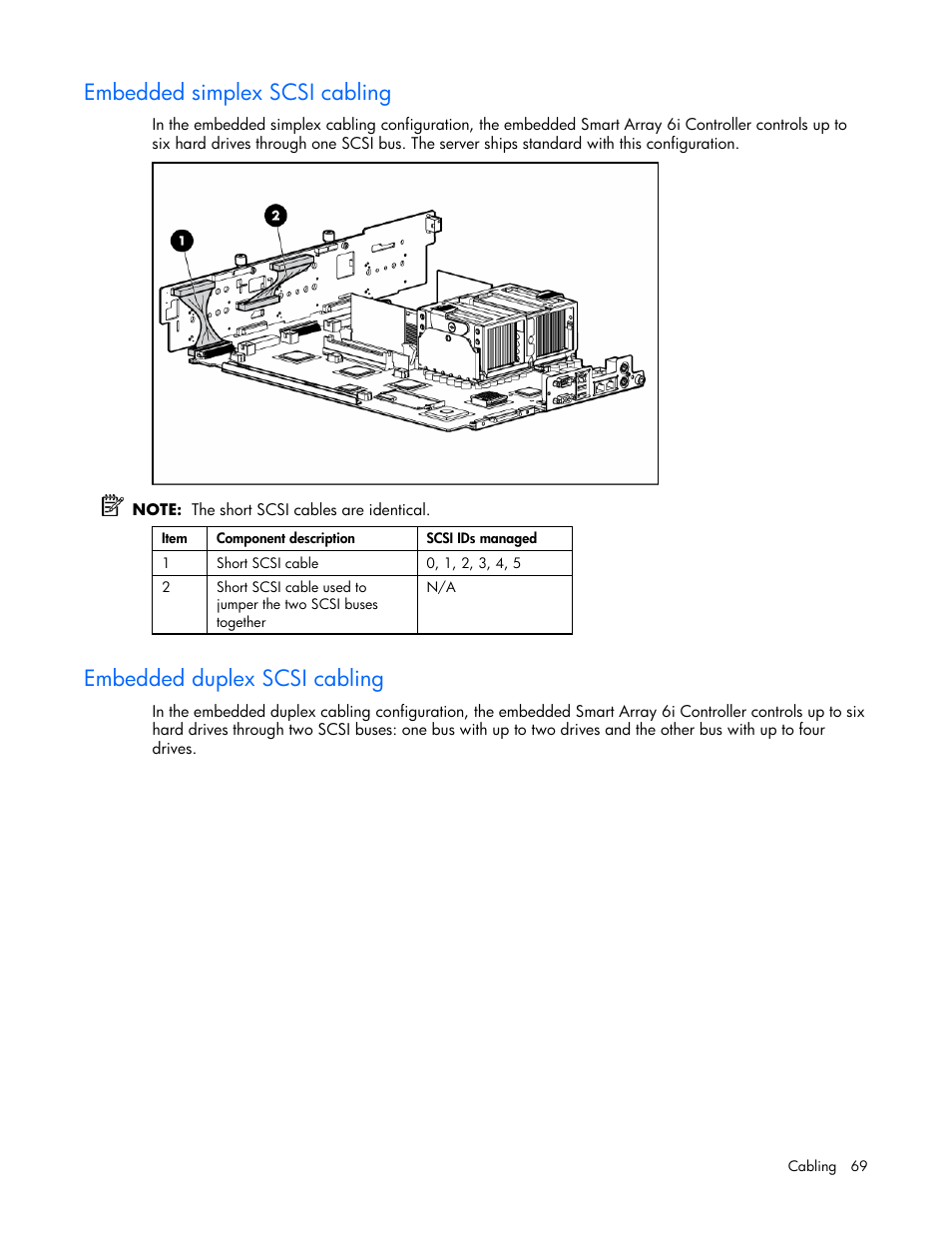 Embedded simplex scsi cabling, Embedded duplex scsi cabling | HP ProLiant DL380 G4 Server User Manual | Page 69 / 122