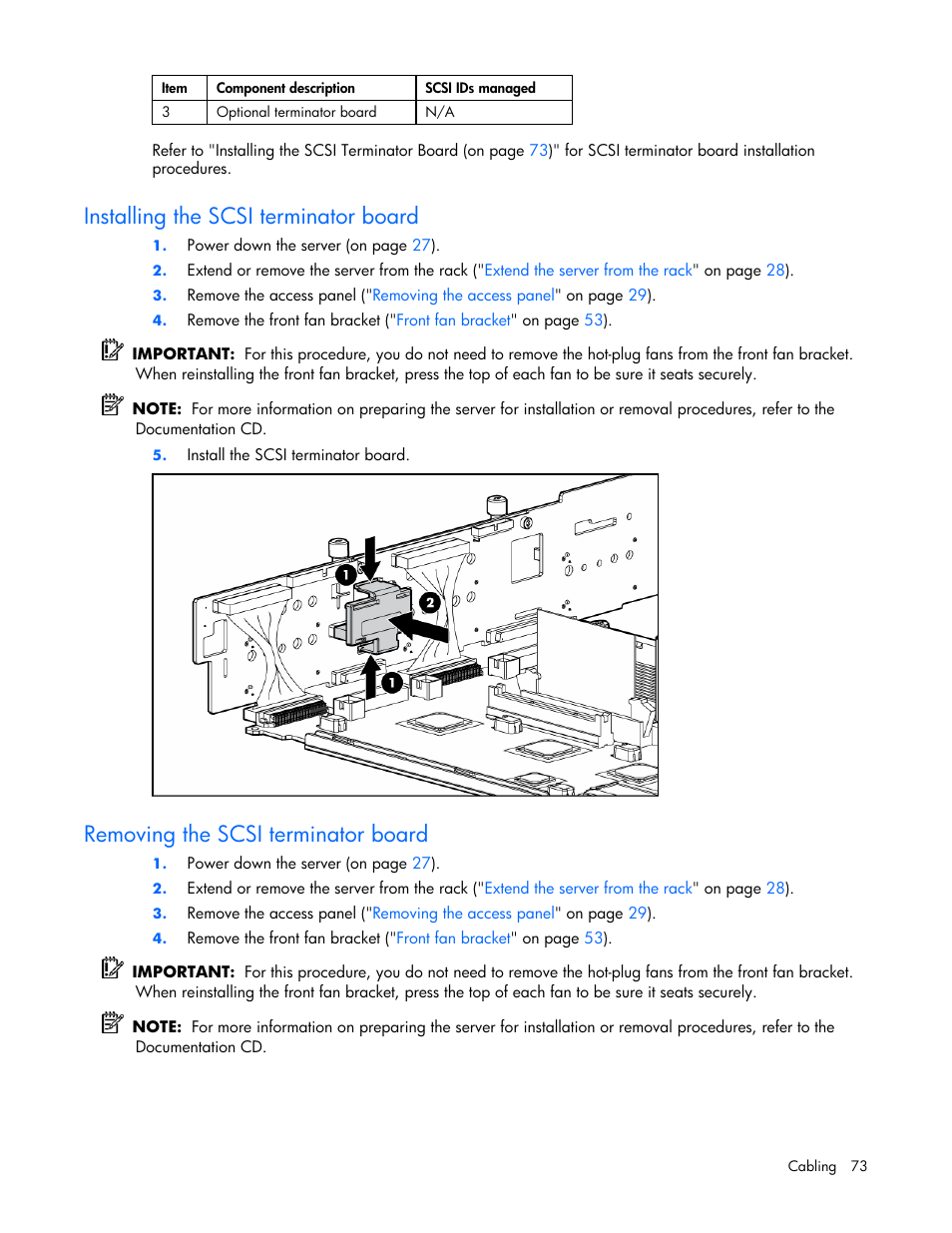 Installing the scsi terminator board, Removing the scsi terminator board | HP ProLiant DL380 G4 Server User Manual | Page 73 / 122