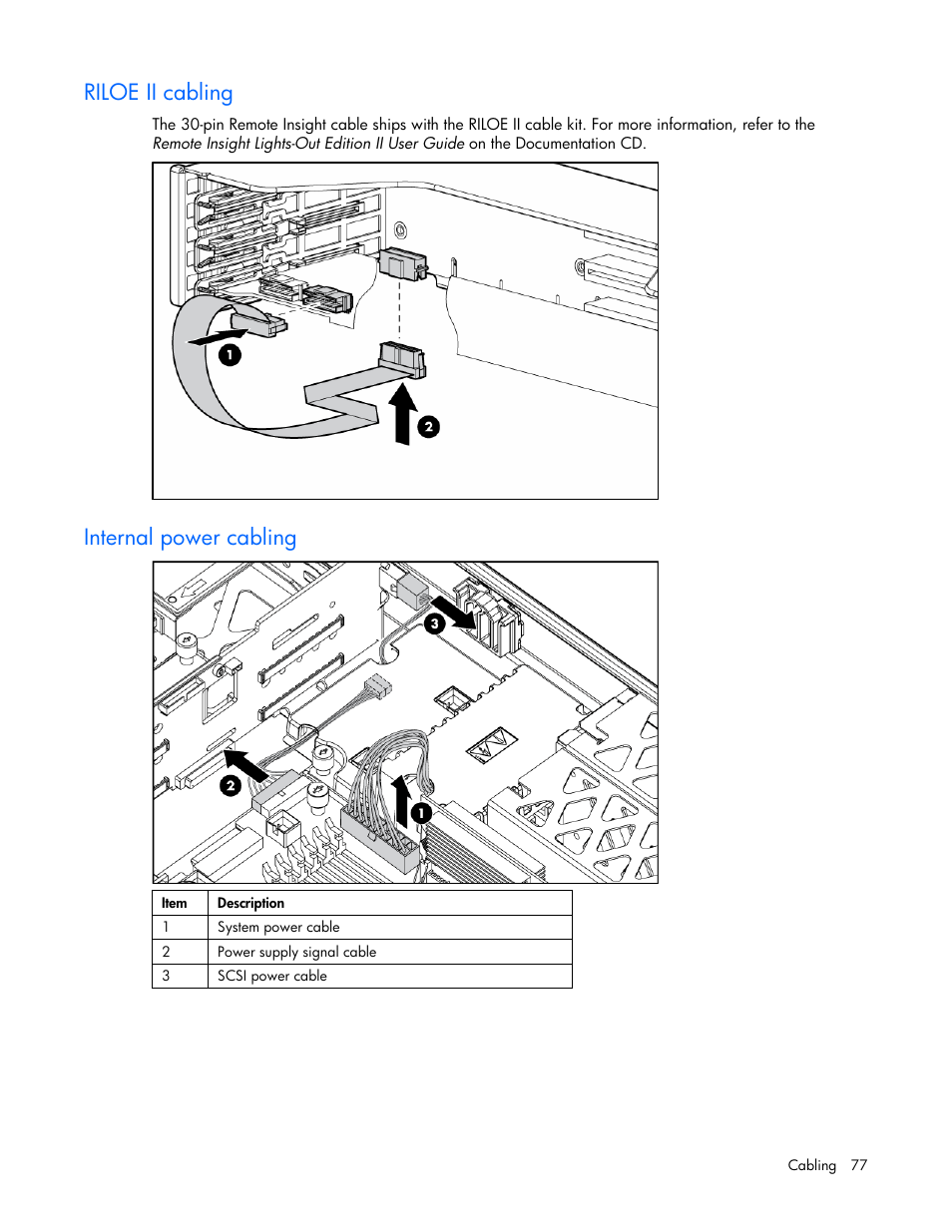 Riloe ii cabling, Internal power cabling | HP ProLiant DL380 G4 Server User Manual | Page 77 / 122