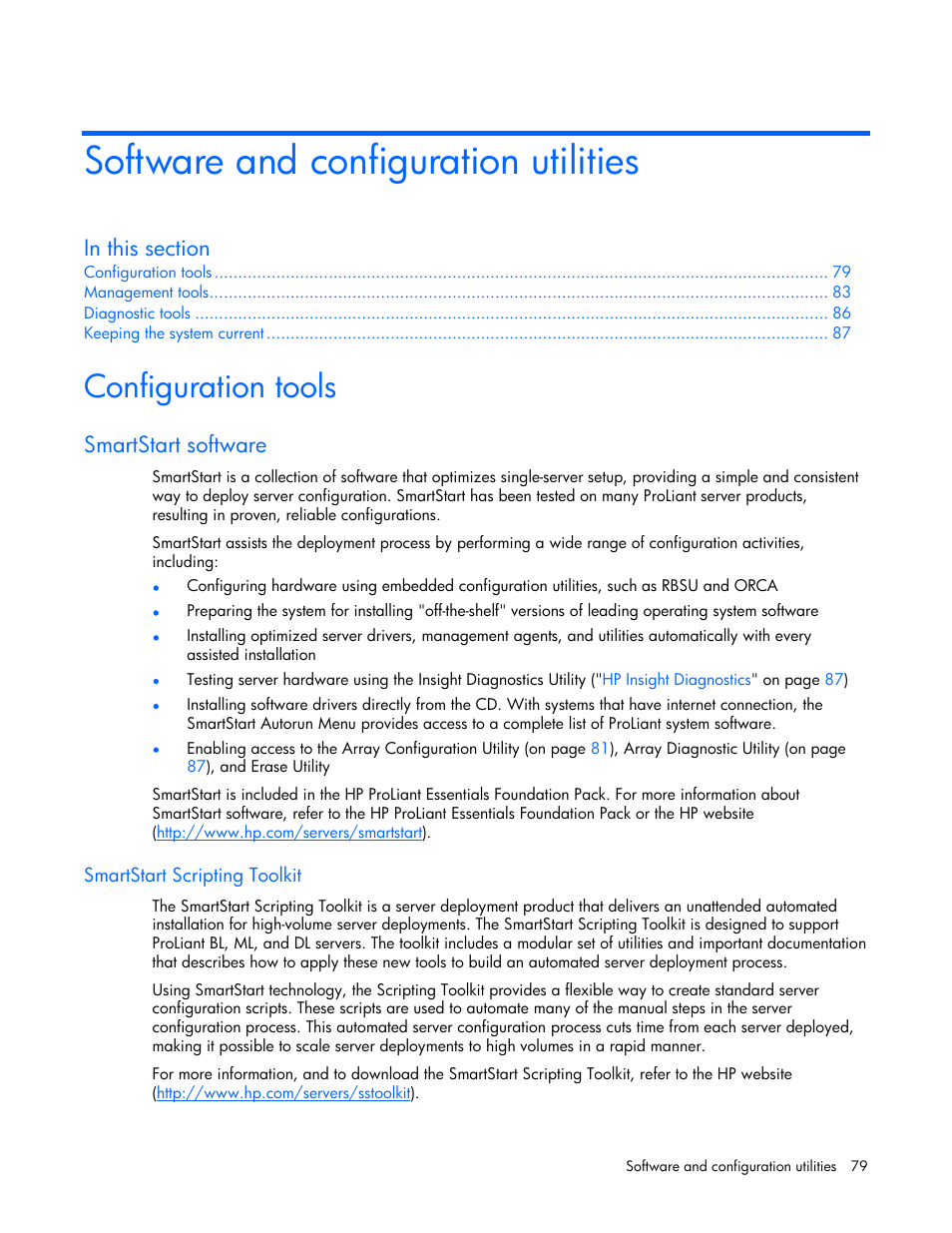 Software and configuration utilities, Configuration tools, Smartstart software | Smartstart scripting toolkit | HP ProLiant DL380 G4 Server User Manual | Page 79 / 122