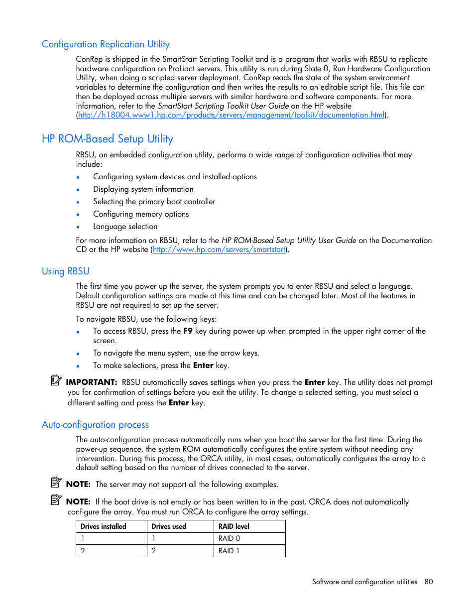 Configuration replication utility, Hp rom-based setup utility, Using rbsu | Auto-configuration process, Utility, Or the | HP ProLiant DL380 G4 Server User Manual | Page 80 / 122