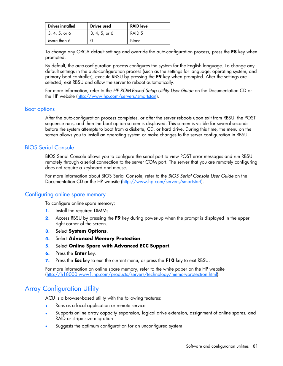 Boot options, Bios serial console, Configuring online spare memory | Array configuration utility, Configuring, Online spare memory, Array diagnostic | HP ProLiant DL380 G4 Server User Manual | Page 81 / 122