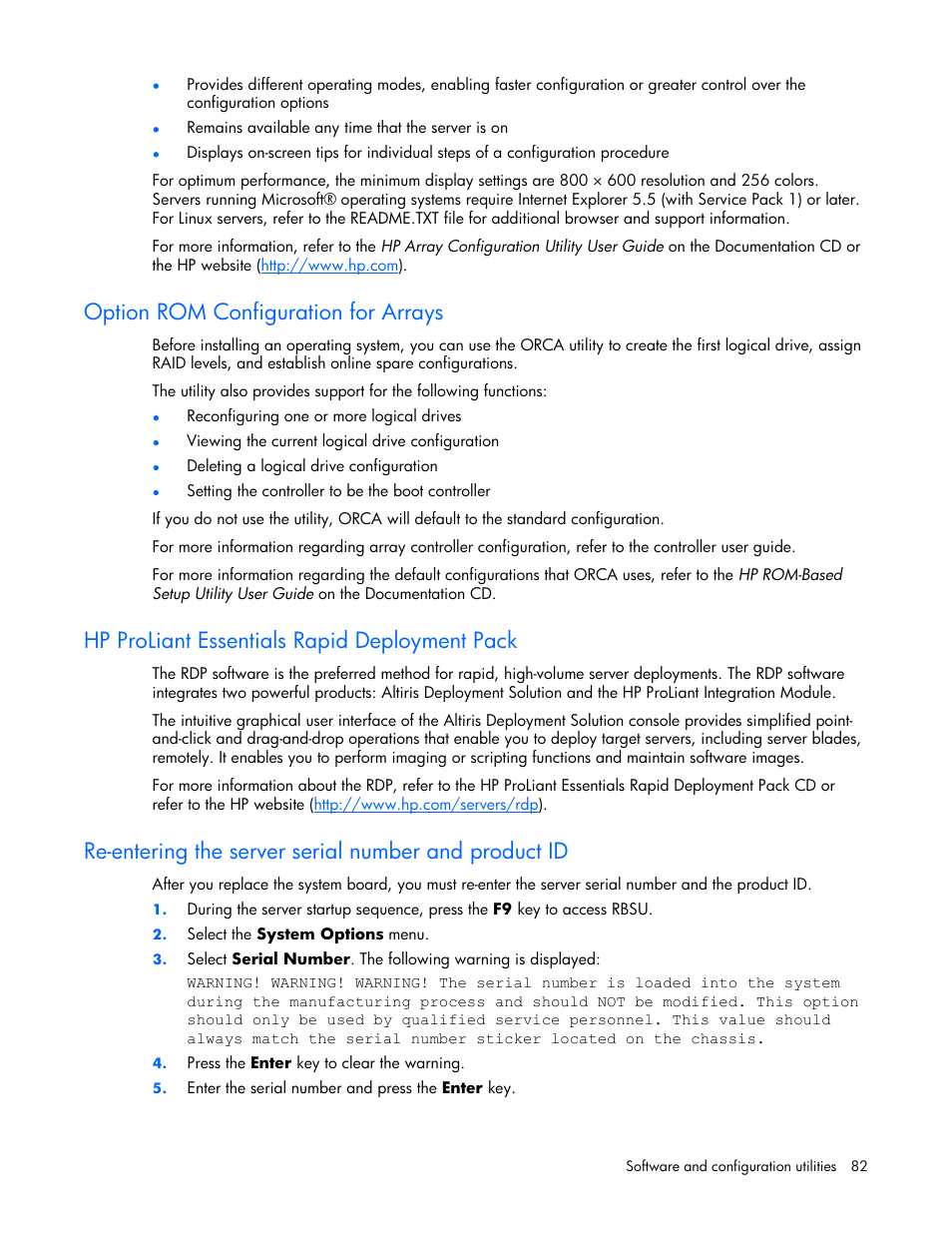 Option rom configuration for arrays, Hp proliant essentials rapid deployment pack | HP ProLiant DL380 G4 Server User Manual | Page 82 / 122