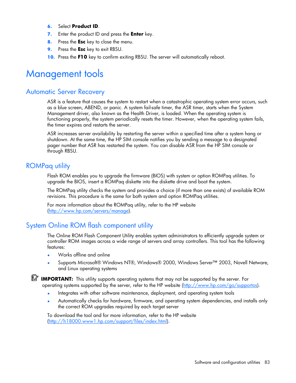 Management tools, Automatic server recovery, Rompaq utility | System online rom flash component utility | HP ProLiant DL380 G4 Server User Manual | Page 83 / 122