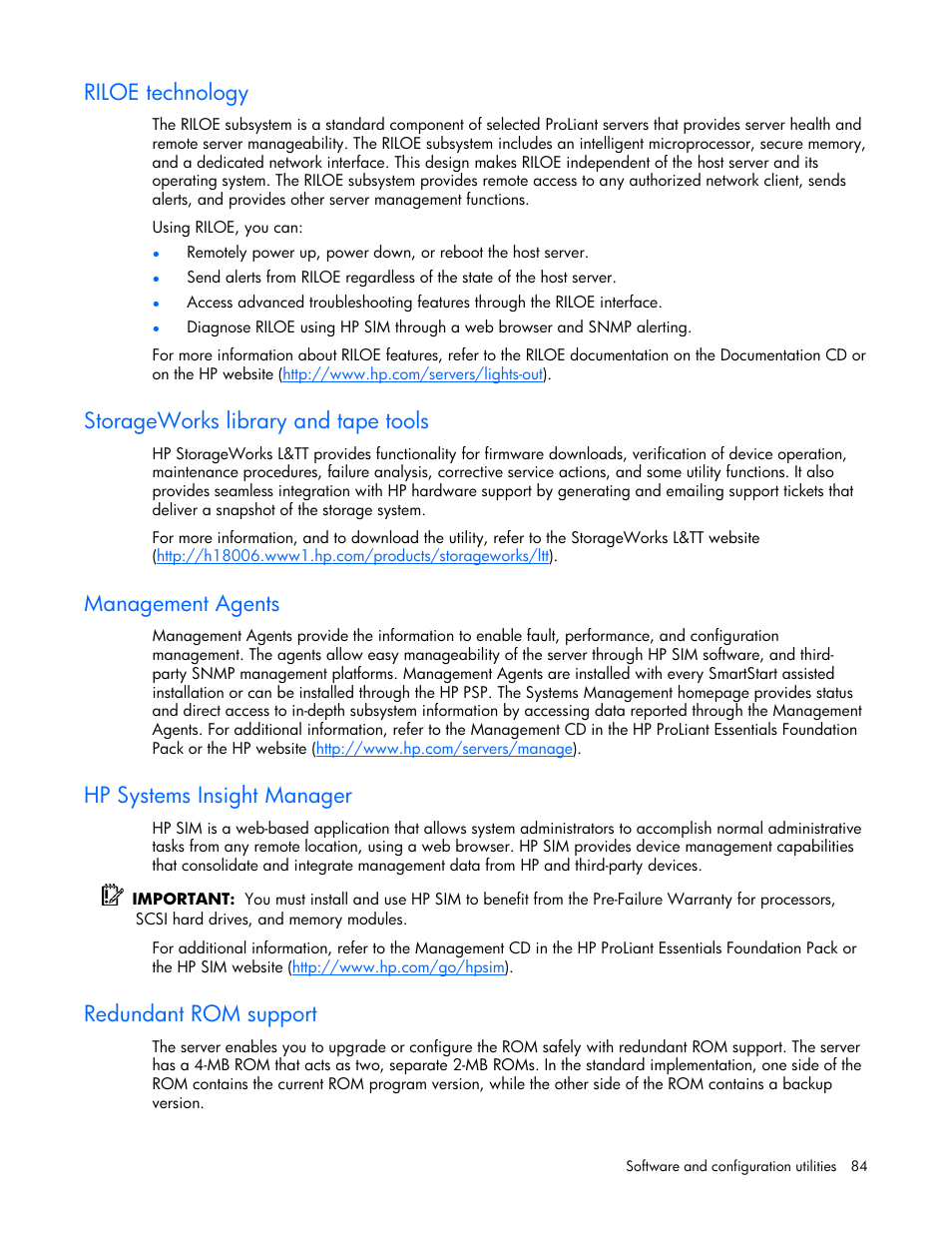 Riloe technology, Storageworks library and tape tools, Management agents | Hp systems insight manager, Redundant rom support | HP ProLiant DL380 G4 Server User Manual | Page 84 / 122