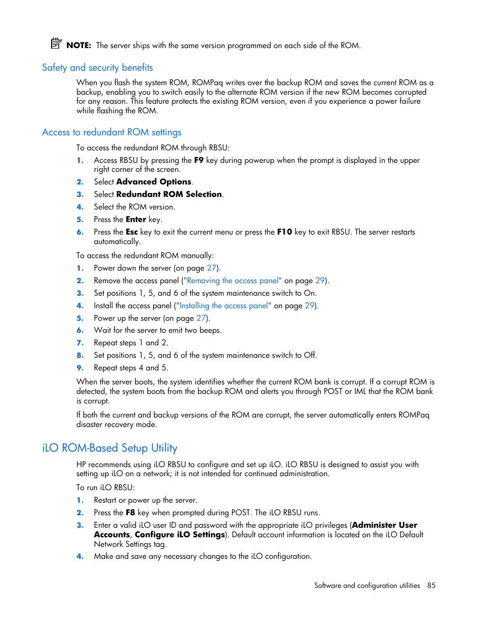 Safety and security benefits, Access to redundant rom settings, Ilo rom-based setup utility | HP ProLiant DL380 G4 Server User Manual | Page 85 / 122