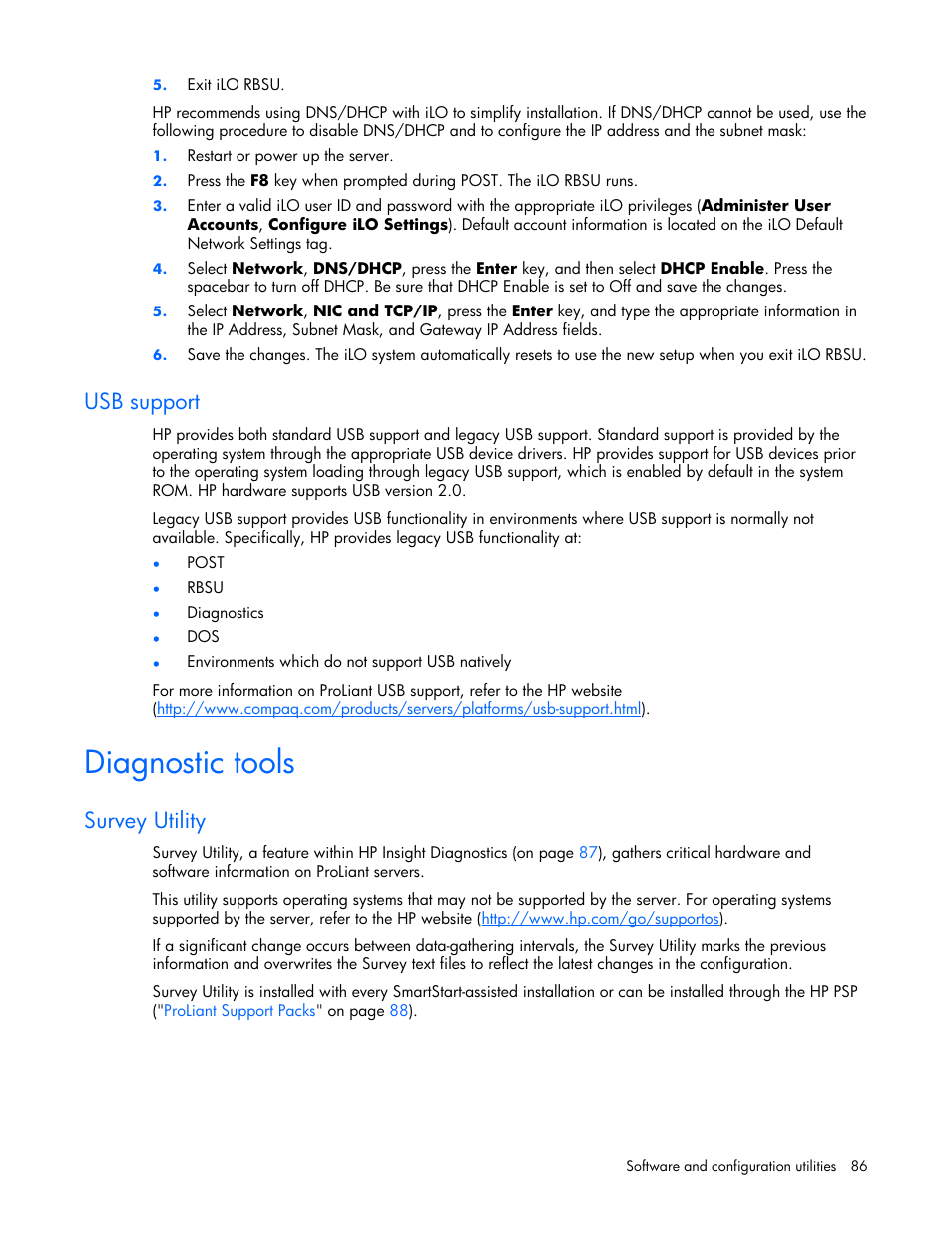 Usb support, Diagnostic tools, Survey utility | HP ProLiant DL380 G4 Server User Manual | Page 86 / 122