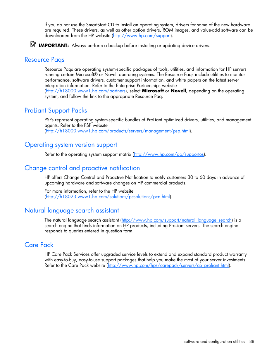 Resource paqs, Proliant support packs, Operating system version support | Change control and proactive notification, Natural language search assistant, Care pack | HP ProLiant DL380 G4 Server User Manual | Page 88 / 122
