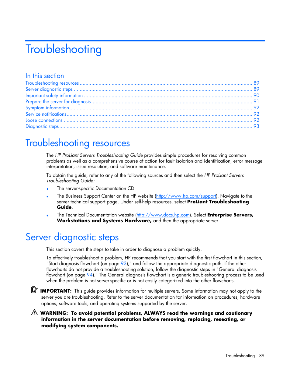 Troubleshooting, Troubleshooting resources, Server diagnostic steps | HP ProLiant DL380 G4 Server User Manual | Page 89 / 122